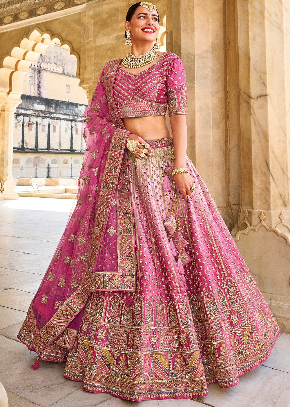 Pink Bridal Lehenga With Designer Choli In Banarasi Silk